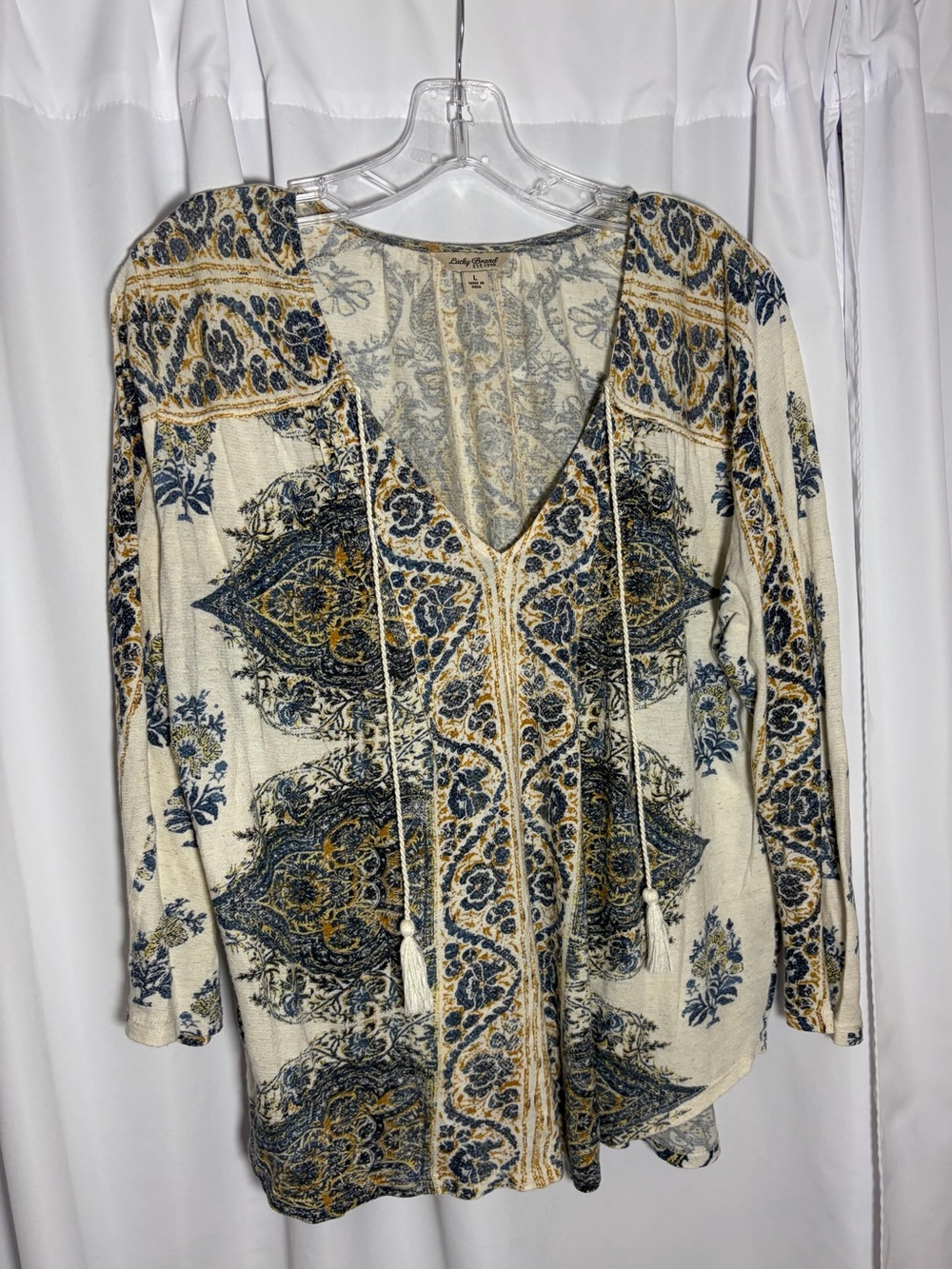 LUCKY BRAND Blue & Gold Floral Boho V-Neck Top Size L